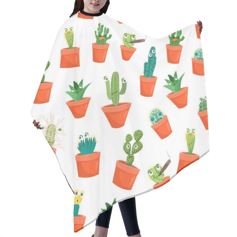 Personality  Cartoon Funny Cactus Characters Seamless Pattern Background. Vector Hair Cutting Cape