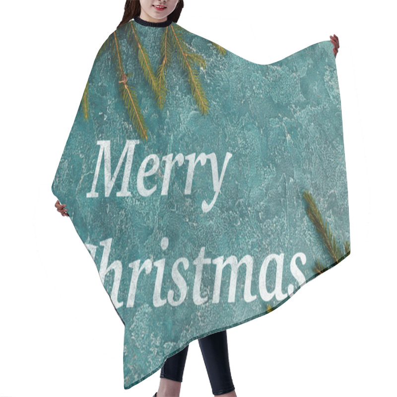 Personality  Merry Christmas Greeting On Blue Rustic Surface Near Green Pine Branches, Festive Background Hair Cutting Cape