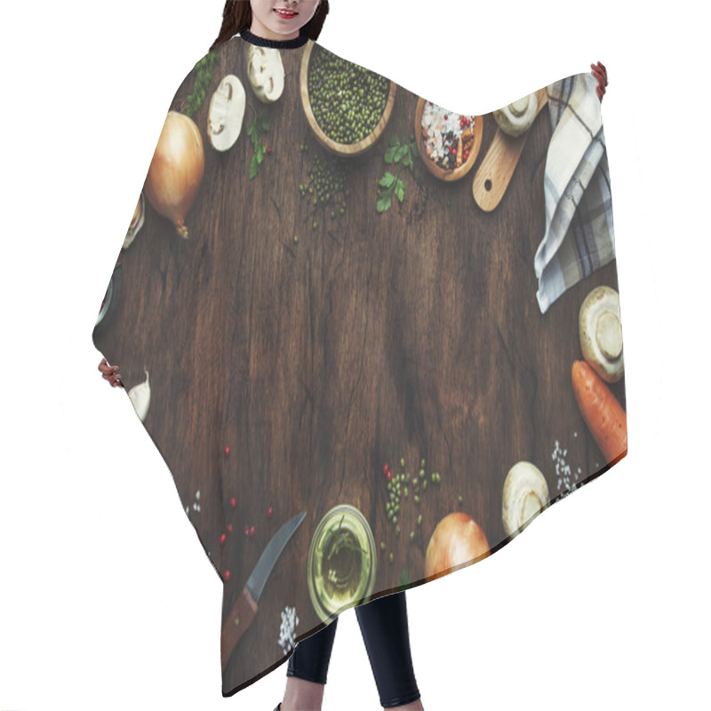 Personality  Food Cooking Frame Background. Ingredients For Prepare Green Lentils With Vegetables, Spices And Herbs, Wooden Kitchen Table Background, Place For Text. Vegan Or Vegetarian Food Oncept. Top View, Flat Lay  Hair Cutting Cape