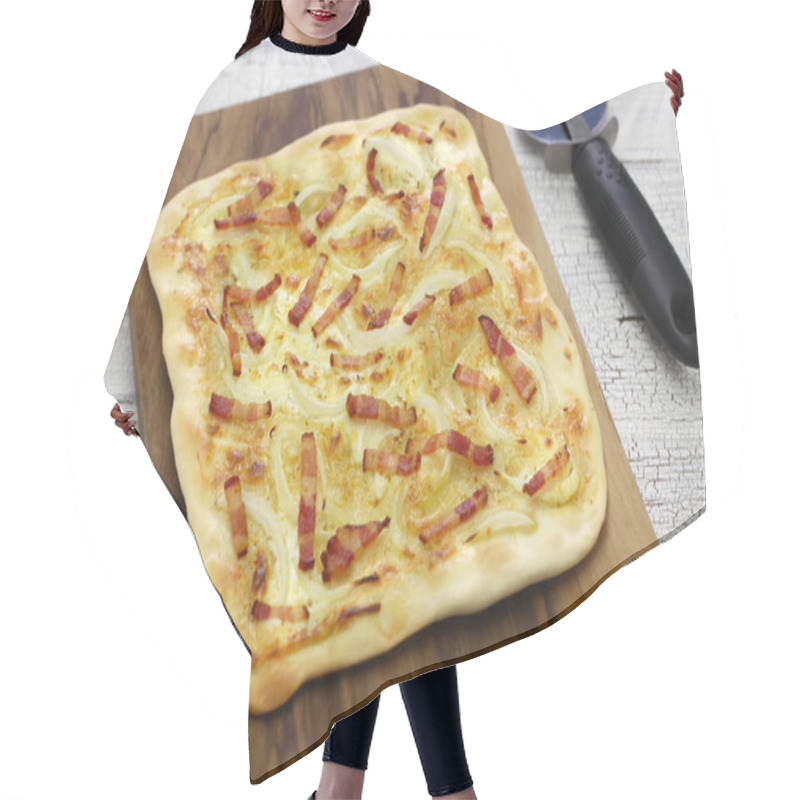 Personality  Traditional Alsatian Pie, Tart Flambe, Flammekueche, Bacon Onion Cream Cheese Pizza Hair Cutting Cape