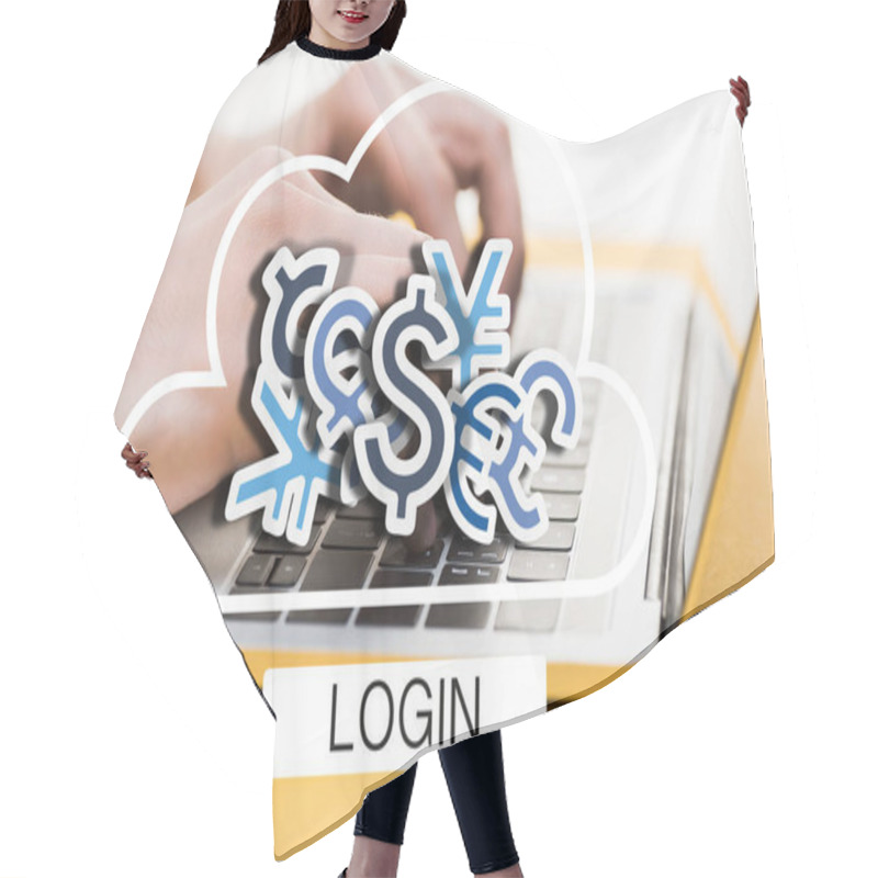 Personality  Close Up Of Hacker Using Laptop Near Login Lettering And Money Signs On White  Hair Cutting Cape