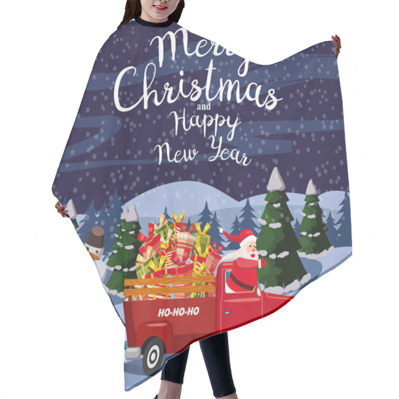 Personality  Merry Christmas Poster Santa Claus Drives An Old Retro Car, Truck. Delivery Gift Boxes. Vector Illustration Cartoon Style, Card Template Hair Cutting Cape