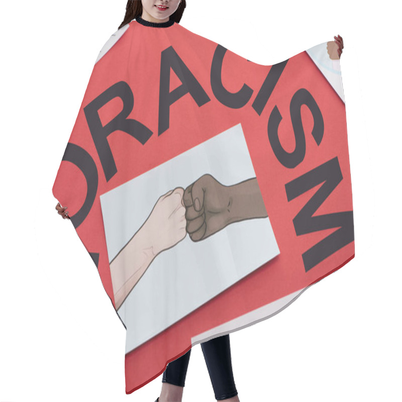 Personality  Black No Racism Lettering And Picture With Drawn Multiethnic Hands Doing Fist Bump On Red Background Hair Cutting Cape