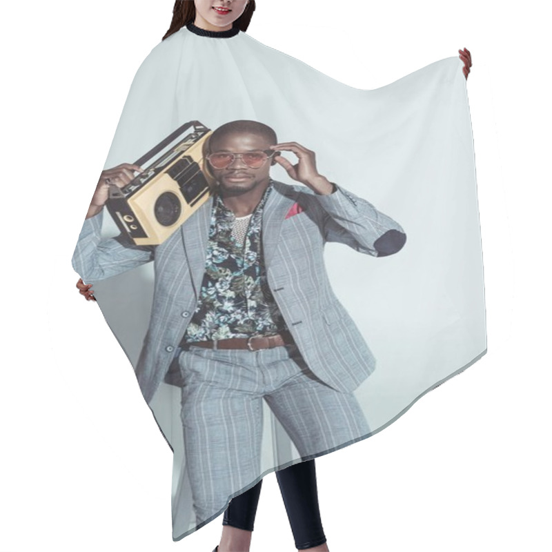 Personality  Fashionable Man Holding Boombox Hair Cutting Cape