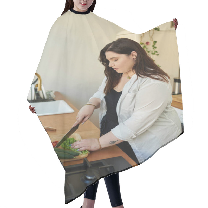 Personality  A Plus Size Woman Skillfully Chops Vegetables In Her Inviting Kitchen. Hair Cutting Cape