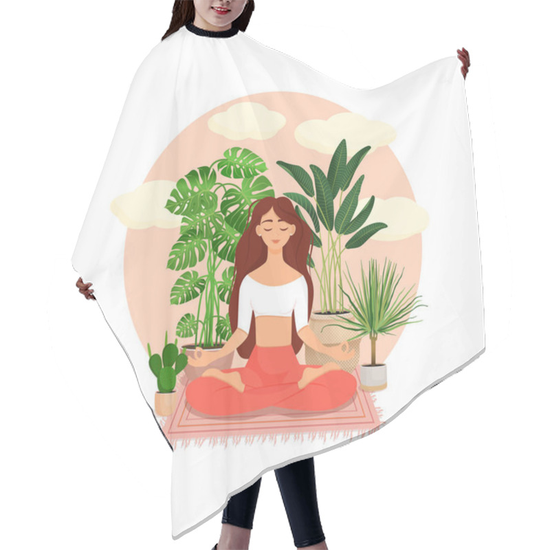 Personality  Beautiful Brunette Girl In A Lotus Pose Surrounded By Plants. Vector Illustration Of A Meditating Woman At Home. Harmony And Balance. Crossed Legs. Girl In The Interior Hair Cutting Cape