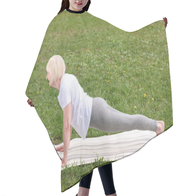 Personality  Elderly Woman Doing Plank On Yoga Mat On Lawn Hair Cutting Cape