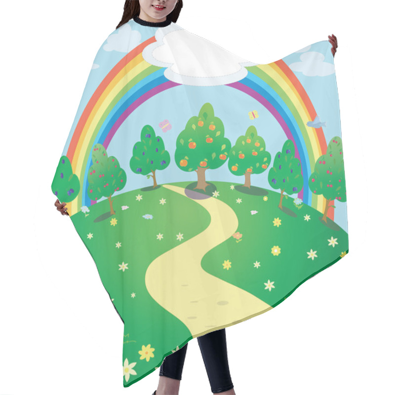 Personality  Background Of Rainbow  And Garden . Vector  Fantasy Illustration Hair Cutting Cape