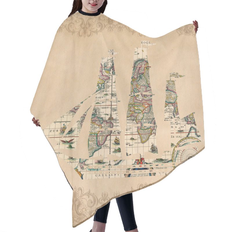 Personality  Sailing Ship Silhouette Over Antique Map - Retro Postcard Hair Cutting Cape