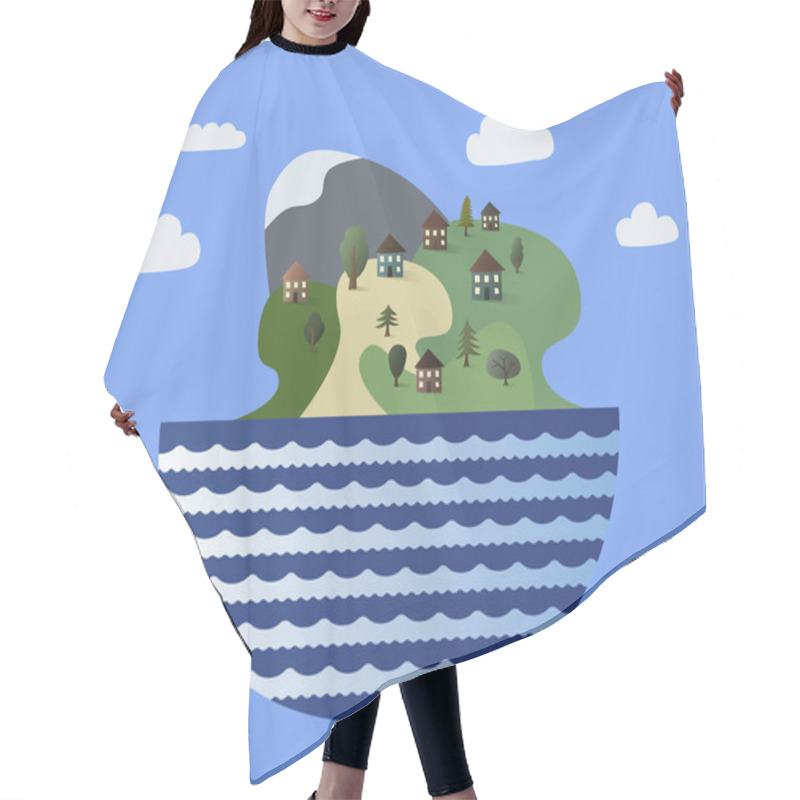 Personality  Vector With Summer Scenery With Houses Near Wavy Sea  Hair Cutting Cape