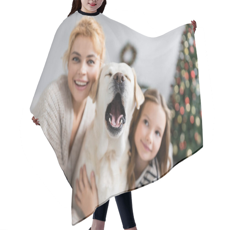 Personality  Labrador Yawning Near Blurred Mother And Girl At Home  Hair Cutting Cape