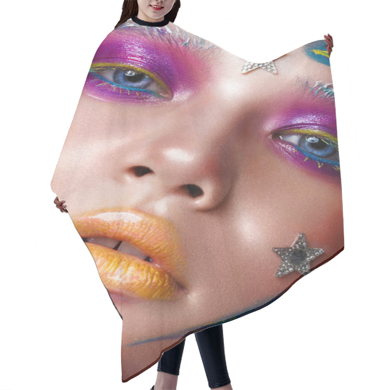 Personality  Beautiful Girl With Creative Make-up In Pop Art Style. Beauty Face. Hair Cutting Cape