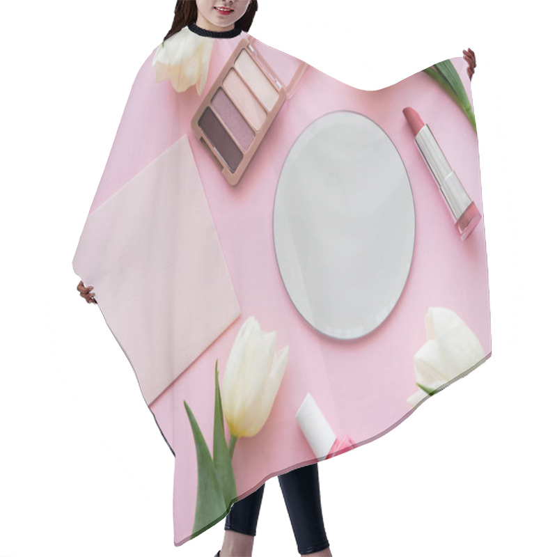 Personality  Top View Of White Tulips Near Mirror, Envelope And Decorative Cosmetics On Pink Hair Cutting Cape