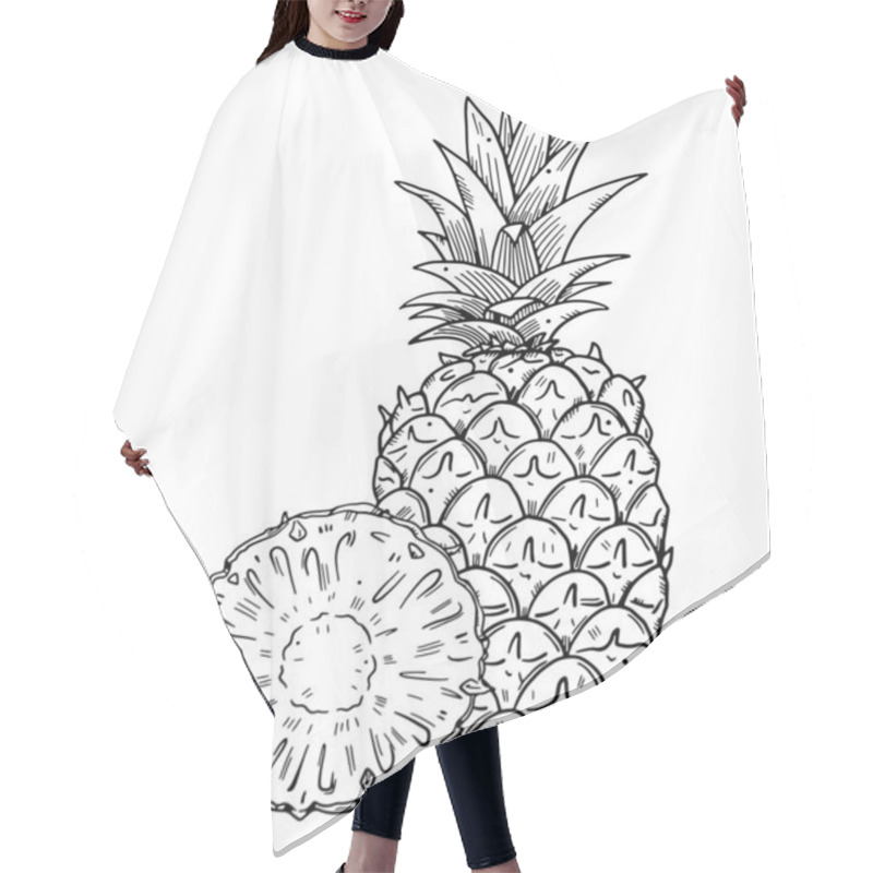 Personality  Composition Of A Whole Pineapple And A Half Cut Of Fruit On A Background. Black Outline Image On A White Background. Doodle Style.. Hair Cutting Cape