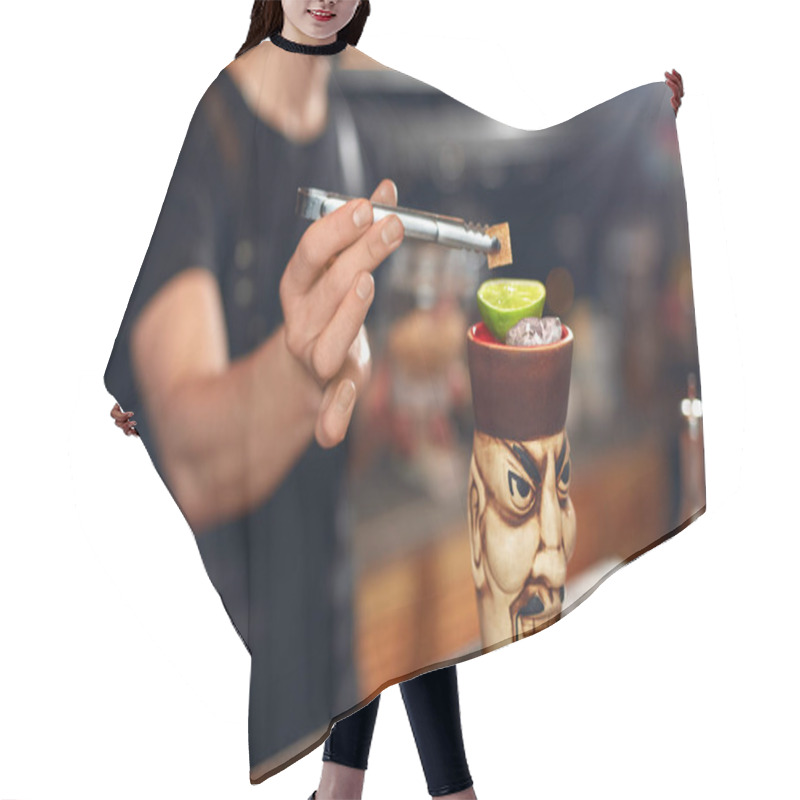 Personality  Preparing Cocktails. Bartender Making Tiki Cocktail In Bar, Decorating Drink With Lime And Sugar Cube. High Resolution. hair cutting cape