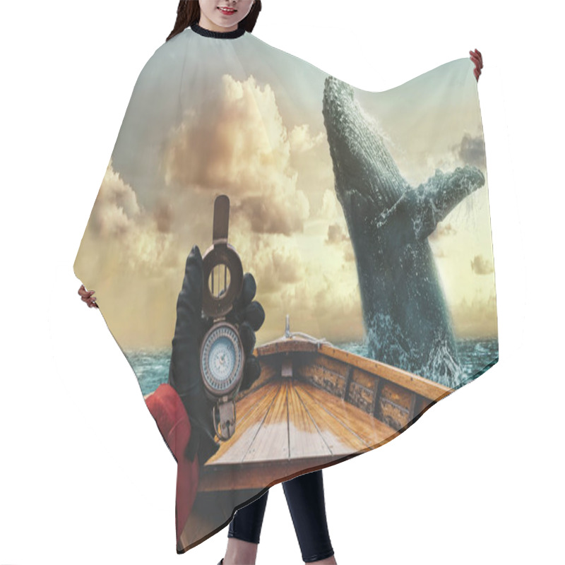 Personality  Epic Scene Of Humpback Whale Jumping Out Of The Water In Front Of A Boat. Sailor Holding A Compass In His Hand . Adventure Travel Concept. Hair Cutting Cape