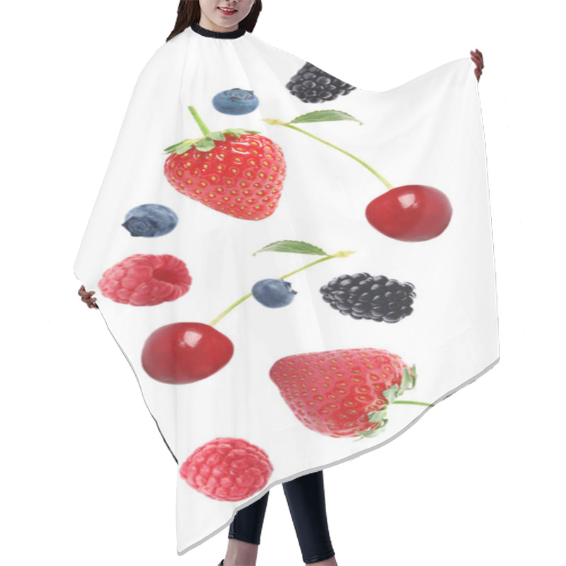 Personality  Set Of Falling Sweet Berries On White Background Hair Cutting Cape