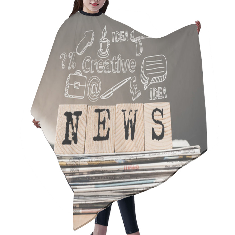 Personality  Wooden Blocks With Black News Lettering On Pile Of Newspapers With Idea Icons Above Hair Cutting Cape