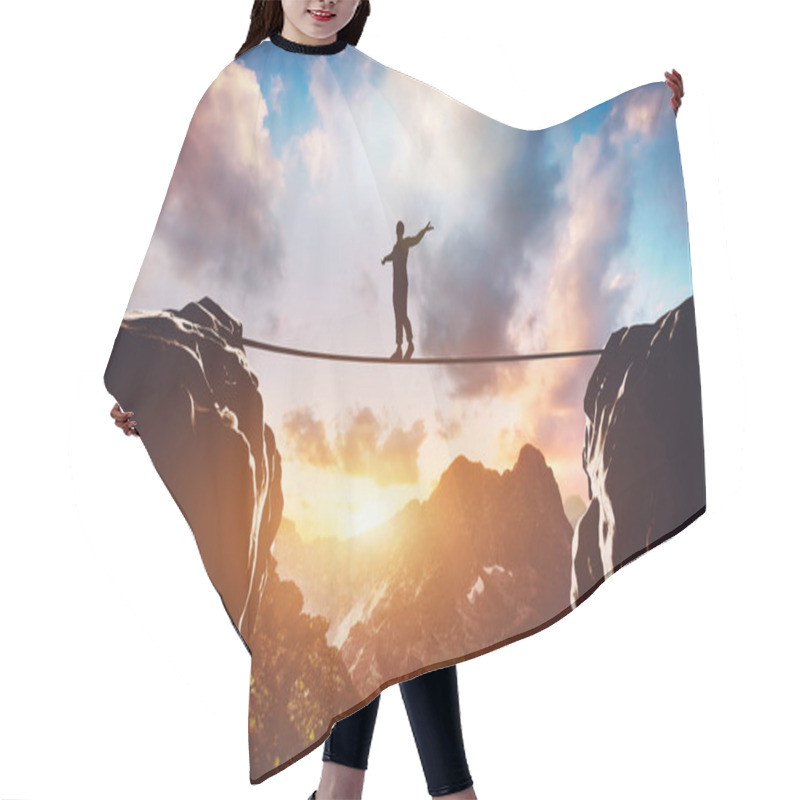 Personality  Male Silhouette Walking On Rope Between Two High Mountains At Sunset Hair Cutting Cape