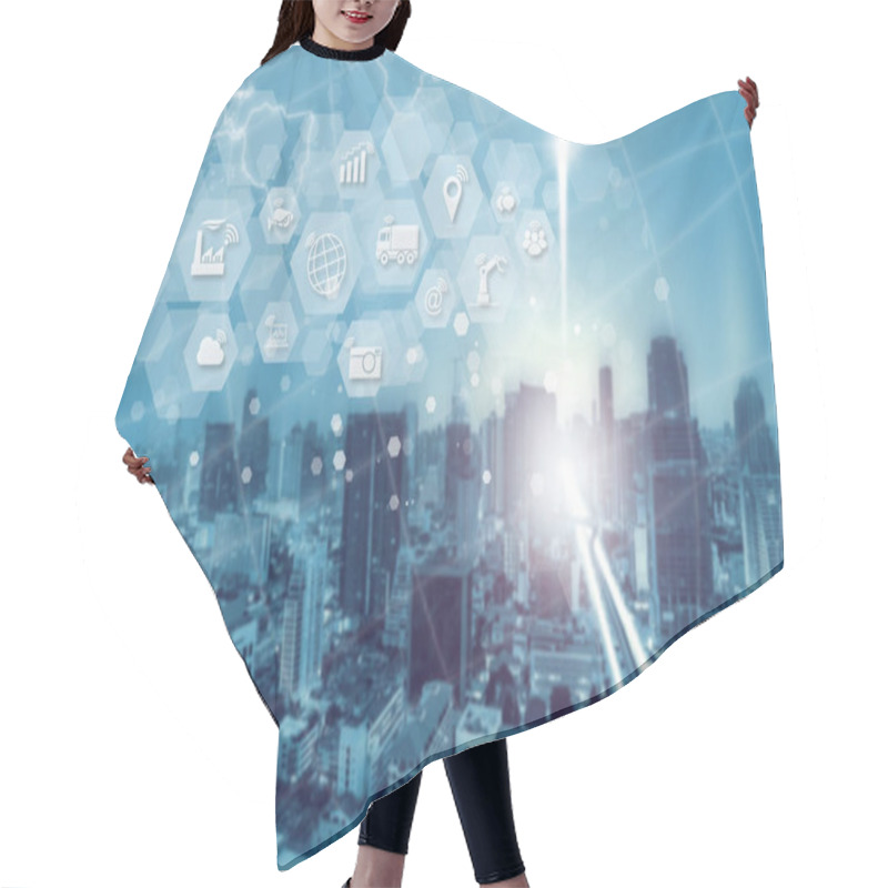 Personality  Cityscape Blue Tone Background With Internet Of Things (IOT) Objects Icon Connecting Together, Internet Networking Concept, Connect Global Wireless Devices With Each Other. Hair Cutting Cape