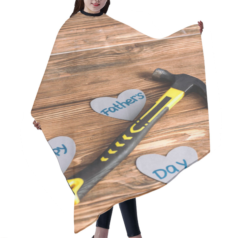 Personality  High Angle View Of Hammer And Paper Grey Hearts With Words Happy Fathers Day On Wooden Background Hair Cutting Cape