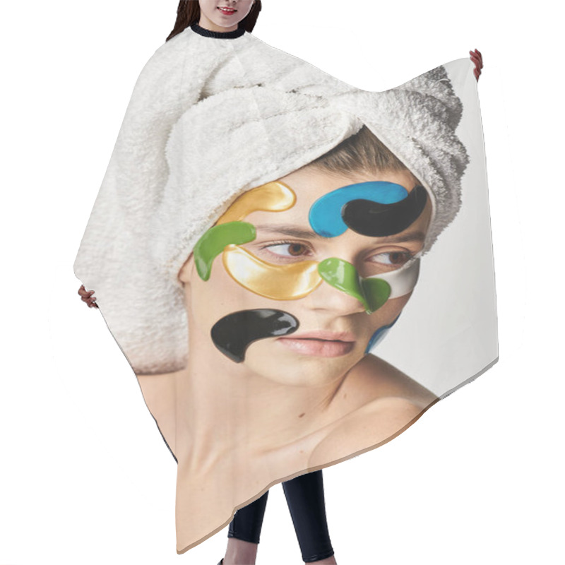 Personality  Attractive Young Woman With A Towel Wrapped Around Her Head And Eye Patches. Hair Cutting Cape