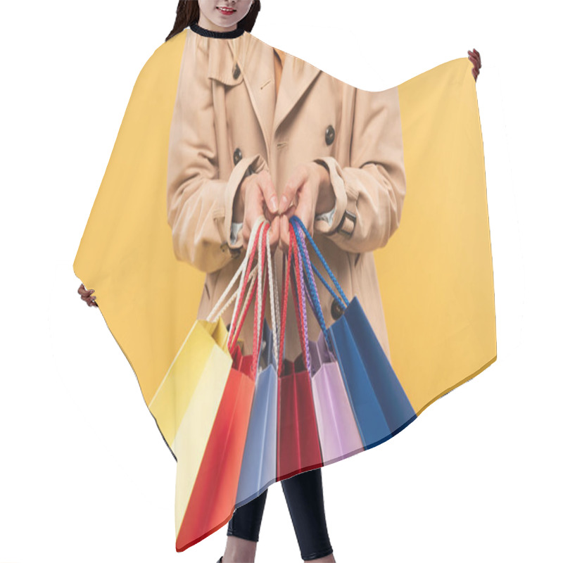 Personality  Cropped View Of Woman Holding Shopping Bags Isolated On Yellow Hair Cutting Cape