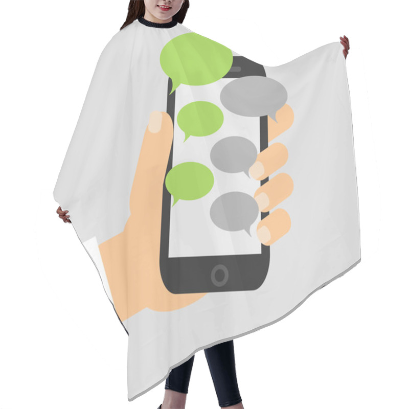 Personality  Hand Holing Black Smartphone Similar To Iphon With Blank Speech Bubbles For Text. Text Messaging Flat Design Concept. Vector Illustration Hair Cutting Cape