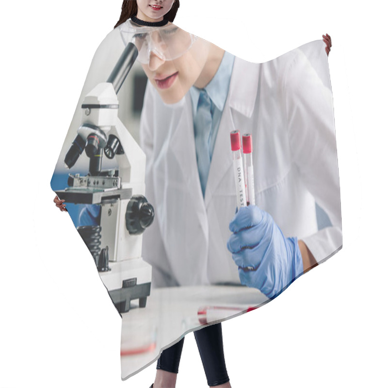 Personality  Cropped View Of Genetic Consultant Using Microscope And Holding Test Tubes  Hair Cutting Cape