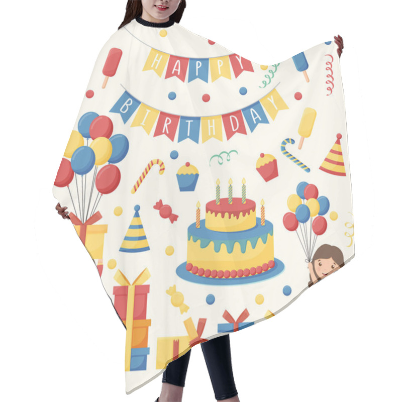 Personality  Cartoon Birthday Party Decorations. Gifts Presents, Sweet Cupcakes And Celebration Cake. Colorful Balloons.  Hair Cutting Cape