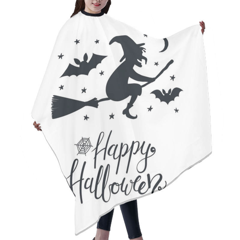 Personality  Hand Drawn Vector Illustration Of Witch On Broomstick In Night Sky With Lettering Quote Happy Halloween, Concept For Card And Kids Print  Hair Cutting Cape