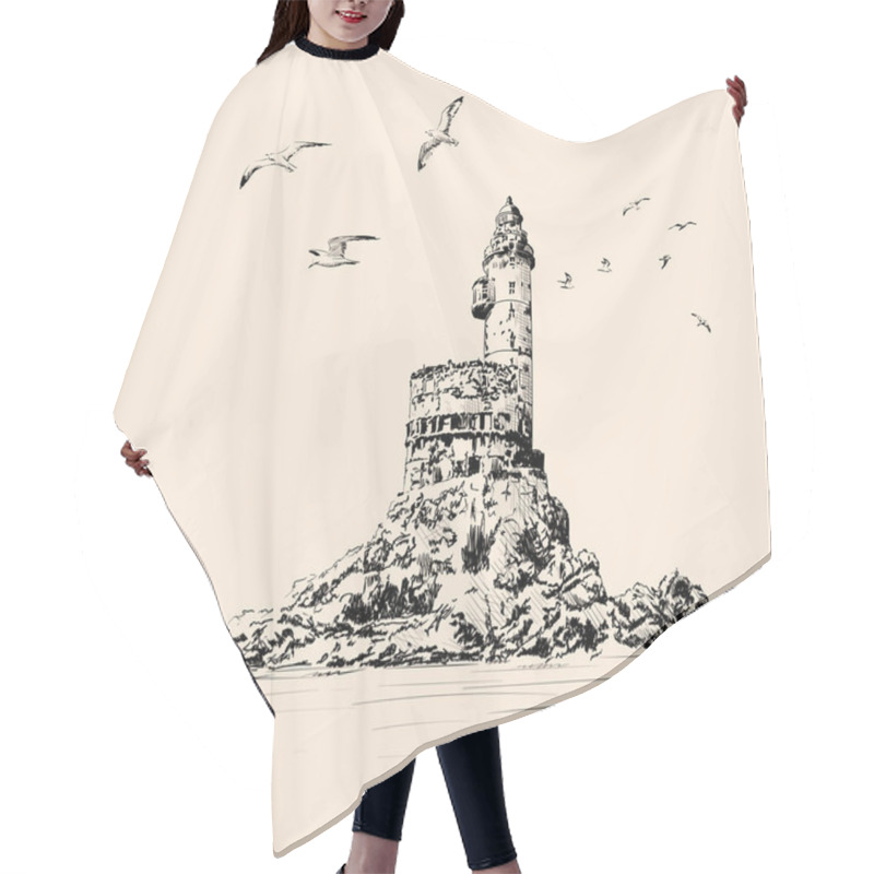 Personality  Lighthouse On The Rocky Seashore. Seagulls Fly Over The Cliff. Hand Drawing On A Beige Background. Hair Cutting Cape