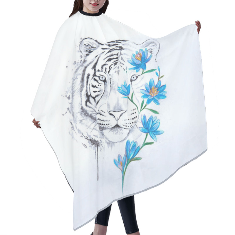 Personality  Sketch Of A Tigers Head In Flowers On A White Background. Hair Cutting Cape