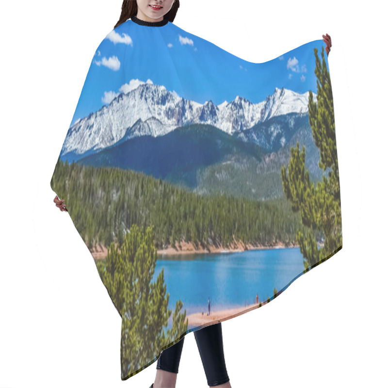 Personality  Pikes Peak Panorama. Snow-capped And Forested Mountains Near A Mountain Lake, Pikes Peak Mountains In Colorado Spring, Colorado, USA Hair Cutting Cape