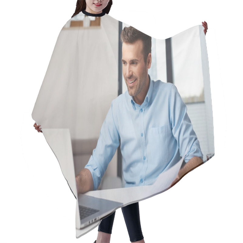 Personality  Man Working From Home On Laptop Hair Cutting Cape