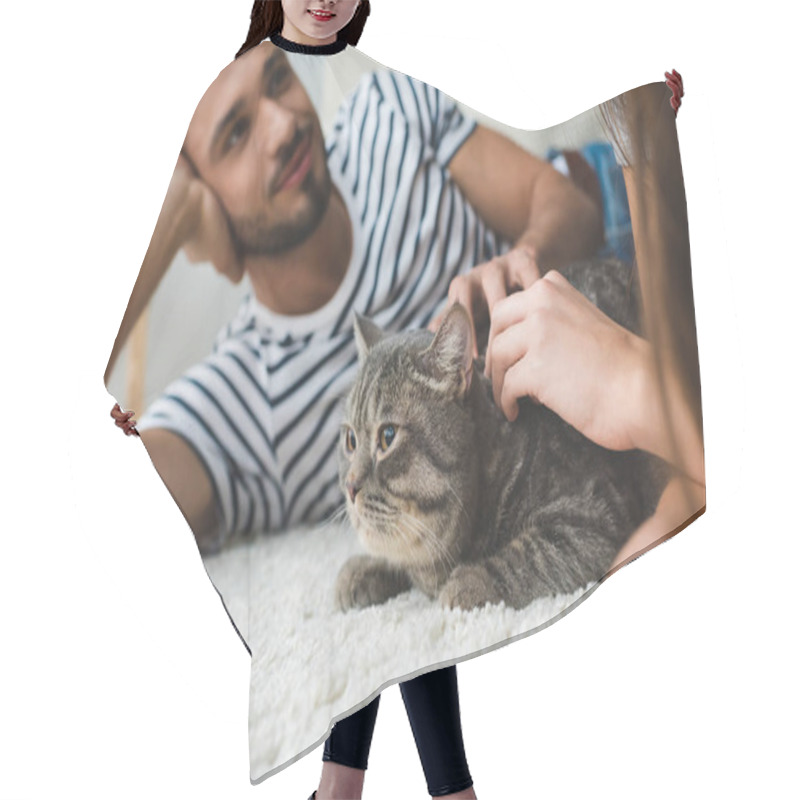 Personality  Young Couple Petting Cat While Lying On Floor At Home Hair Cutting Cape