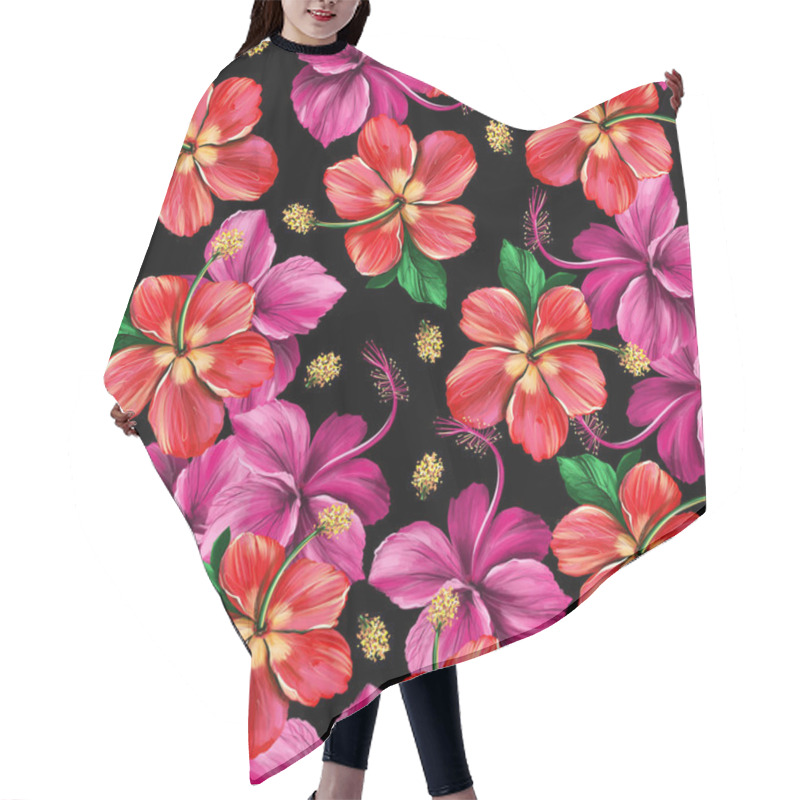 Personality  Floral Digital Pattern With Hibiscus On Black Background. Seamless Summer Tropical Fabric Design. Hand Drawn Illustration Hair Cutting Cape