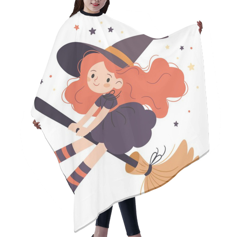 Personality  Cute Witch With Long Red Hair Flying On A Broomstick. Flat Vector Illustration In Simple Childish Style On White Background . Vector Illustration Hair Cutting Cape