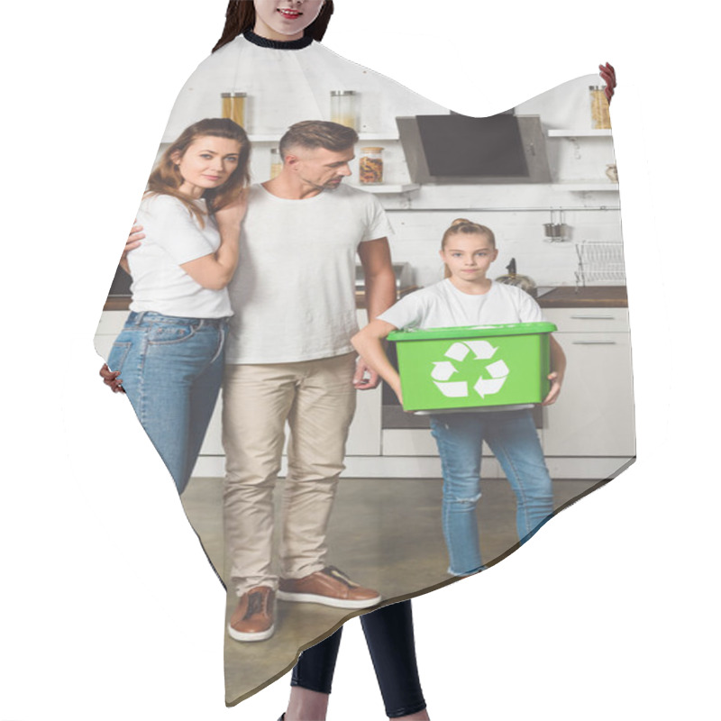 Personality  Parents Standing At Kitchen While Daughter Holding Green Box With Recycle Sign Hair Cutting Cape