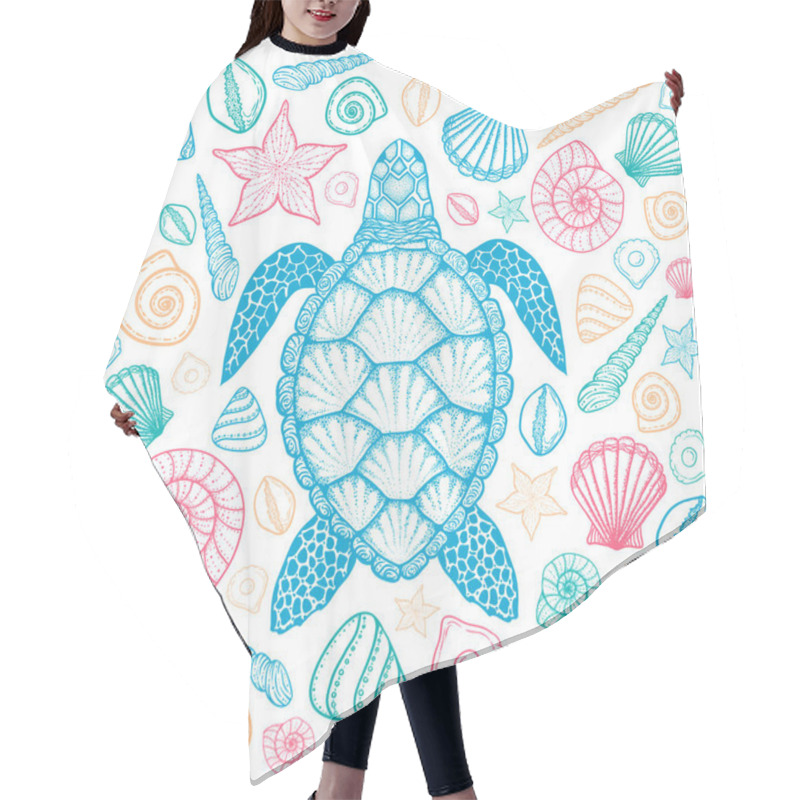 Personality  Sea Turtle And Shells In Line Art Style. Hand Drawn Vector Illustration Hair Cutting Cape