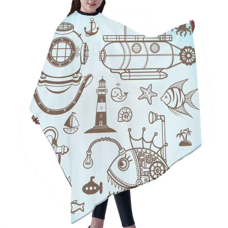 Personality  Set Of Sea Symbols. Hair Cutting Cape