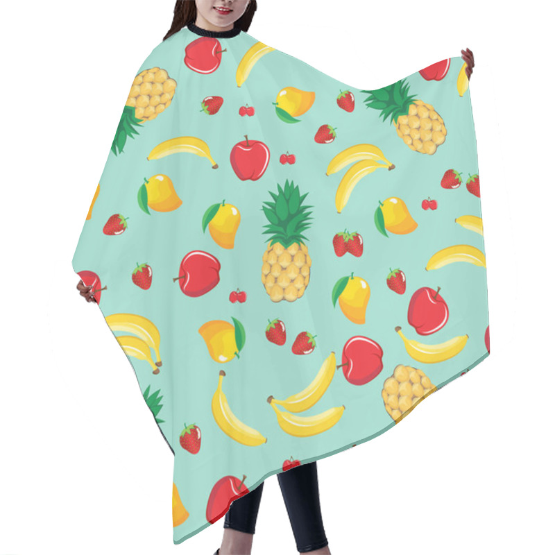 Personality  Mango Pineapple Apple Strawberry Banana Cherry Mix Fruits Seamless Pattern On Green Background. Available In High-resolution Jpeg In Several Sizes & Editable Eps File, Can Be Used For Wallpaper, Pattern, Web, Surface, Textures, Graphic & Printing Hair Cutting Cape