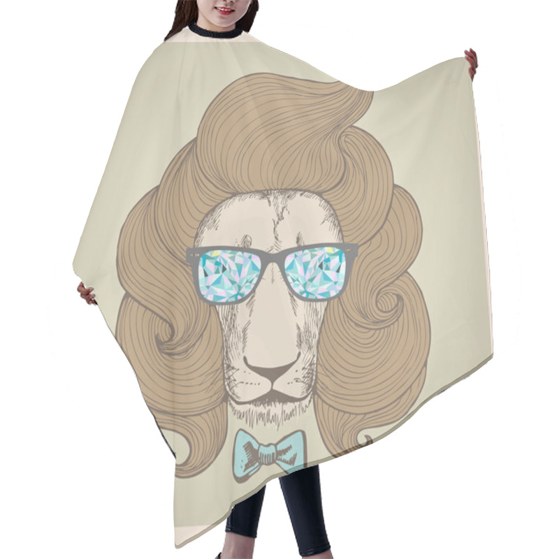 Personality  Portrait Of A Lion With A Chic Haircut With Glasses. Hair Cutting Cape