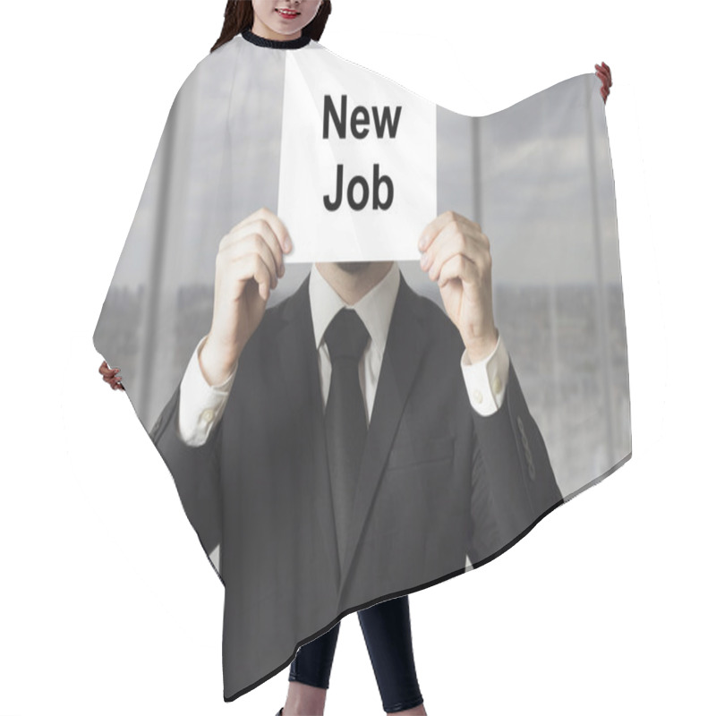 Personality  Businessman Hiding Face Behind Sign New Job Hair Cutting Cape