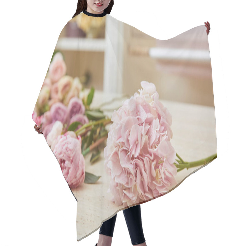 Personality  Selective Focus Of Pink Roses And Peonies On Table  Hair Cutting Cape