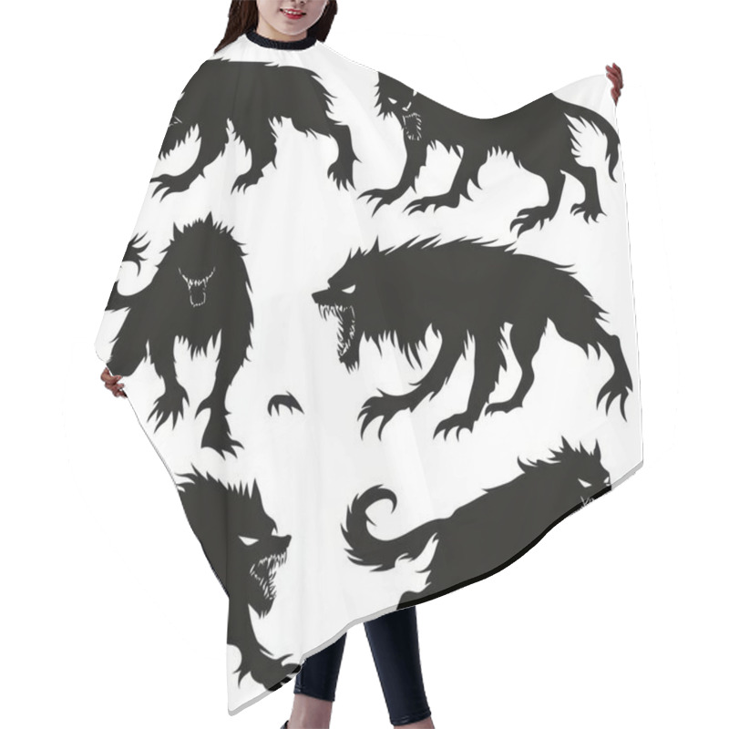 Personality  Silhouette Collection Of Fierce Wolves, Showcasing Various Aggressive Stances And Expressions. Hair Cutting Cape