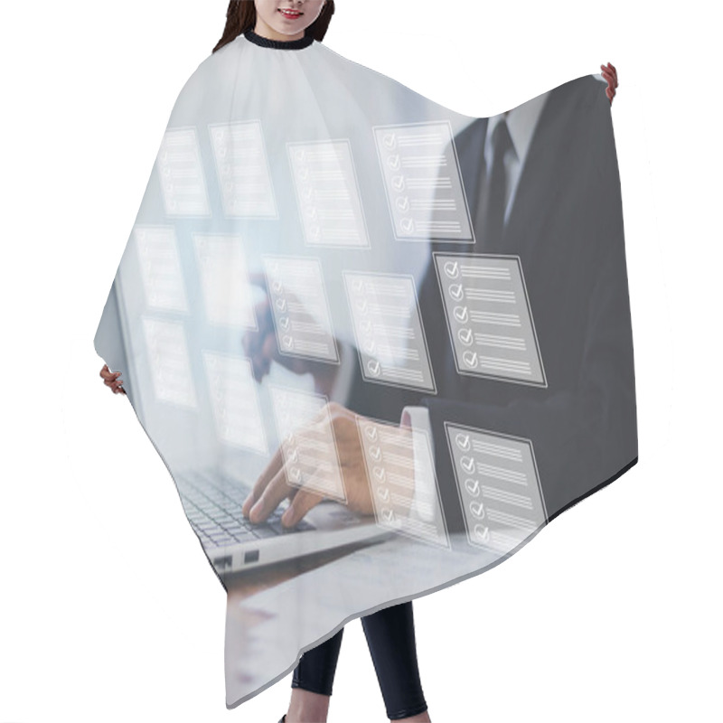 Personality  Businessman With Computer Document Automates Business Processes, Streamlines Data Management, And Enhances Organizational Efficiency, Ensuring Seamless Operations And Strategic Decision-making. Hair Cutting Cape