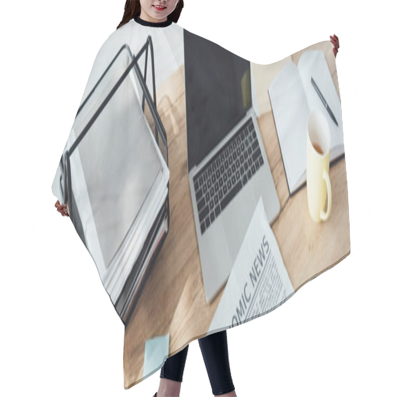 Personality  Panoramic Shot Of Laptop With Blank Screen, Cup Of Tea And Newspaper On Table Hair Cutting Cape