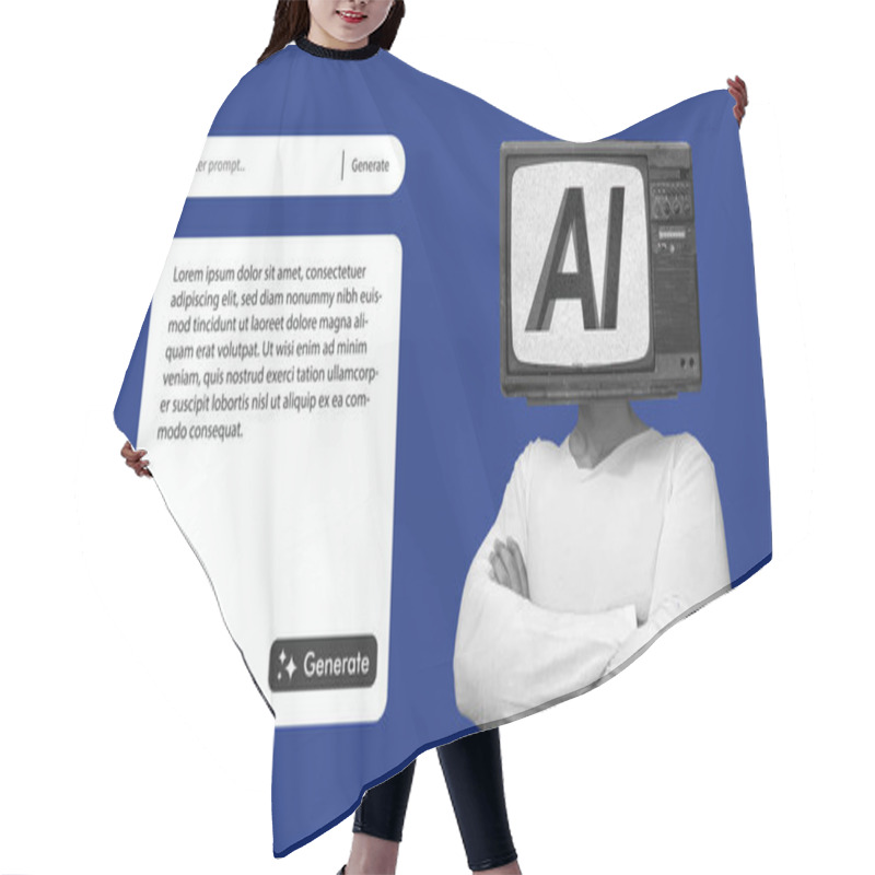 Personality  AI Prompt Generator Retro User Interface Mockup And Template For Mobile App, Web Browser, Banner. Person With TV Head Representing Artificial Intelligence Posing. Flat Vector Illustration. Hair Cutting Cape