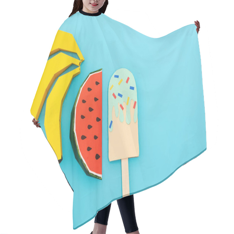 Personality  Top View Of Paper Watermelon, Bananas And Ice Cream With Sprinkles On Blue Background Hair Cutting Cape